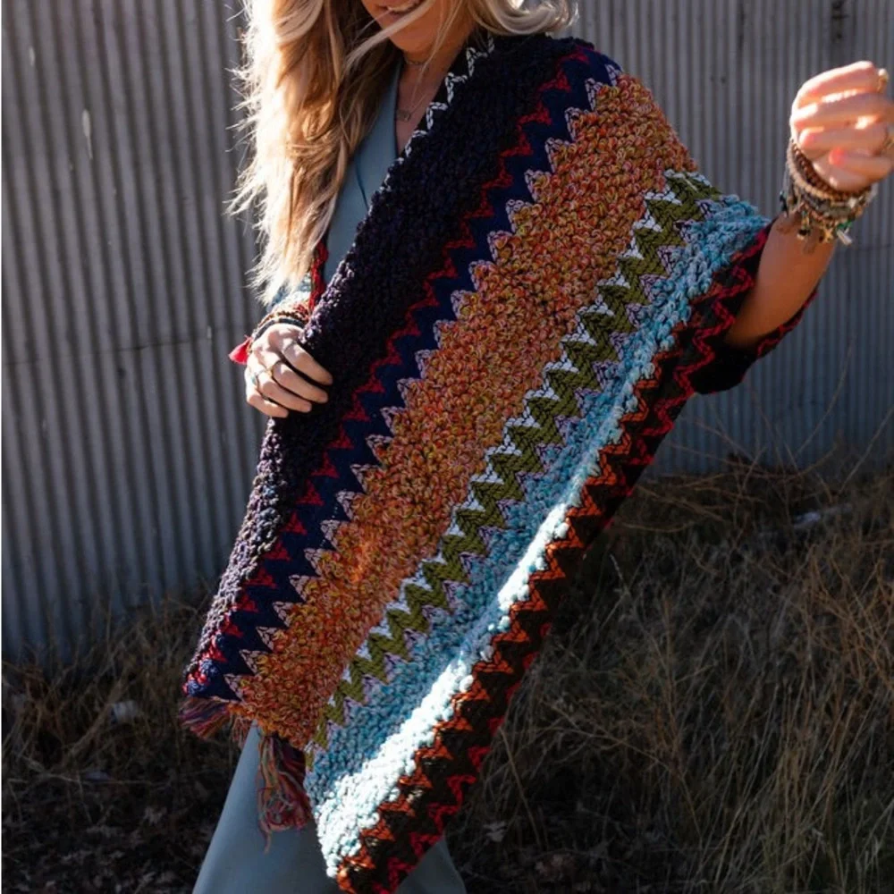 Colorful Crochet Patterned Ruana in Indigo - Picture 7 of 14
